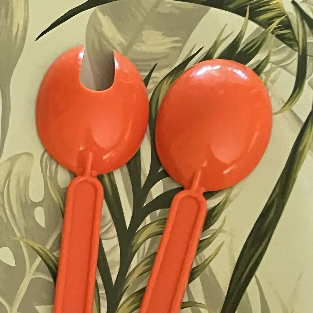 VINTAGE 1970s MCM Salad Serving Utensils Orange Melamine Spoon Slotted Fork